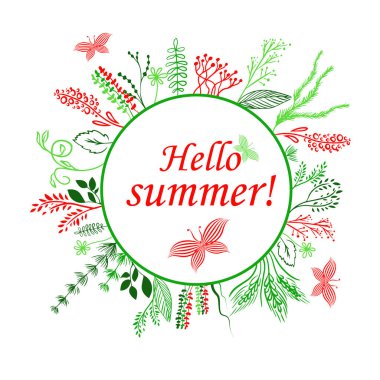 Yuvarlak çerçeve, çiçekler ve çimenler. Vektör çizimi. Merhaba yaz.