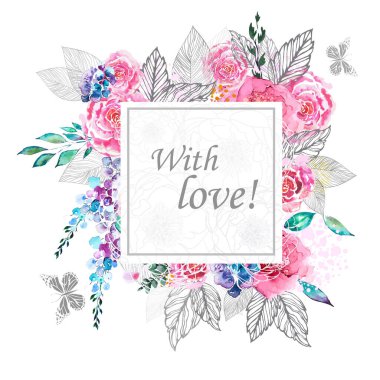 Çiçek desenli suluboya. Sevgiyle. Vektör illüstrasyonu