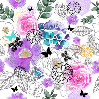 Kusursuz desenli suluboya çiçekler, kağıt, tekstil, kumaş, paket kağıdı, duvar kağıdı, vektör