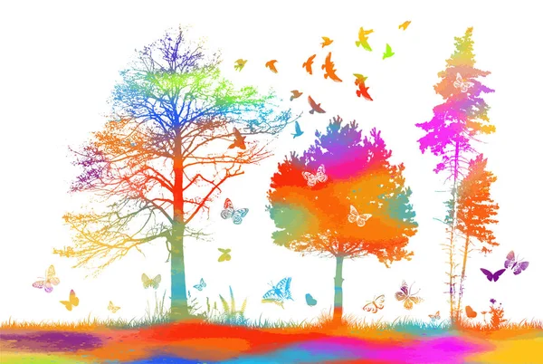 A rainbow landscape with trees, butterflies and birds. Mixed media. Vector illustration — Stock Vector