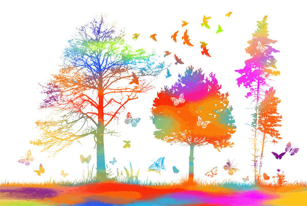 Радужный пейзаж с деревьями, бабочками и птицами. Смешанные СМИ. Векторная иллюстрация
