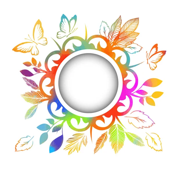 Marco redondo con mariposas multicolores. Tarjeta abstracta floral. Ilustración vectorial — Vector de stock