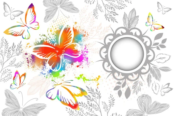 Quadro redondo com borboletas multi-coloridas. Floral cartão abstrato. Ilustração vetorial —  Vetores de Stock