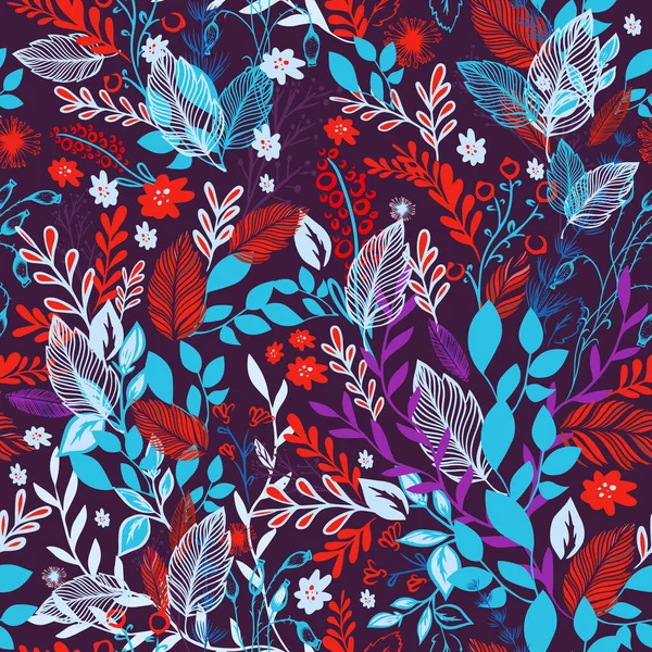 Um fundo sem costura com flores e folhas vermelhas e azuis. Ilustração vetorial — Vetor de Stock