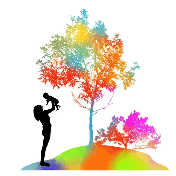 Μαμά Μωρό Στην Αγκαλιά Της Στον Κήπο Ουράνιο Τόξο Εικονογράφηση — Διανυσματικό Αρχείο