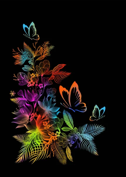 Astrazione Fiorita Multicolore Con Farfalle Illustrazione Vettoriale — Vettoriale Stock
