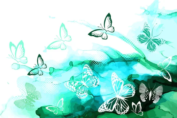 Papillons Blancs Sur Fond Multicolore Aquarelle Illustration Vectorielle — Image vectorielle