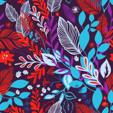 Kırmızı ve mavi çiçekleri ve yaprakları olan kusursuz bir arka plan. Vektör illüstrasyonu