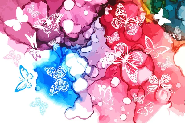Papillons blancs sur un fond multicolore aquarelle. Illustration vectorielle — Image vectorielle