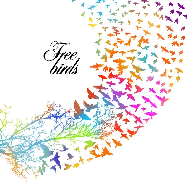 Υδατογραφία πουλιών. Ένα σμήνος από πολύχρωμα πουλιά. Ένα σμήνος πουλιών που πετούν μακριά από ένα δέντρο. Εικονογράφηση διανύσματος — Διανυσματικό Αρχείο