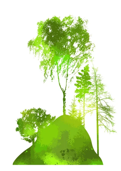 ภูมิทัศน์ธรรมชาติต้นไม้สีเขียวบนเนินเขา รูปแบบเวกเตอร์ — ภาพเวกเตอร์สต็อก