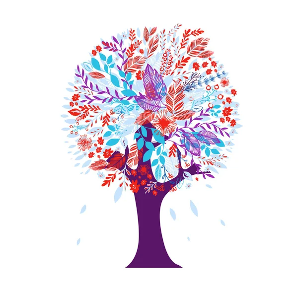 Arbre ornemental avec des feuilles rouges et bleues. Illustration vectorielle — Image vectorielle