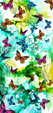 Suluboya arka planda beyaz kelebekler. Vektör illüstrasyonu