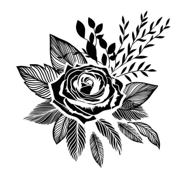 Красивая Живописная Роза Графическими Черными Листьями Векторная Иллюстрация — стоковый вектор