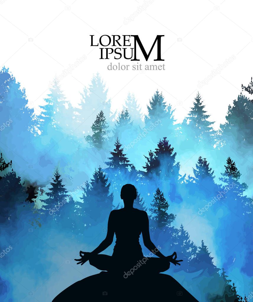 Set of vector shapes of yoga women with bright watercolor space texture. Collection of three girl silhouettes meditating in lotus position - Padmasana.