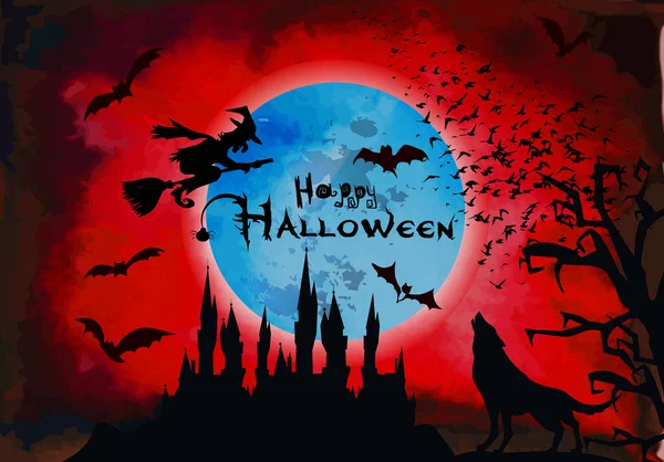 Ancien Château Lune Des Chauves Souris Volantes Joyeux Halloween Illustration — Image vectorielle