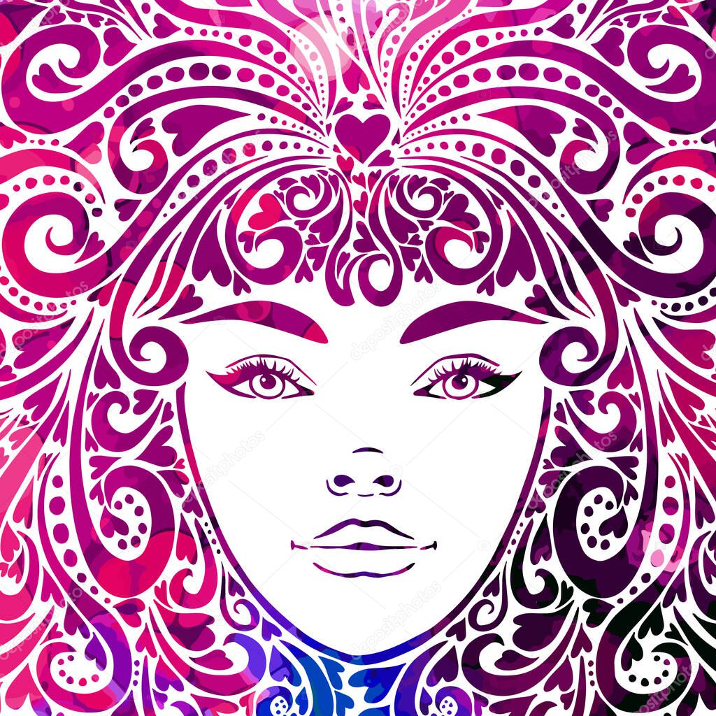 The stylized face of a beautiful girl full-face. Vector illustration