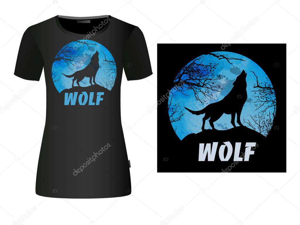 The wolf symbol howling on the moon. T-shirt printing. Vector illustration