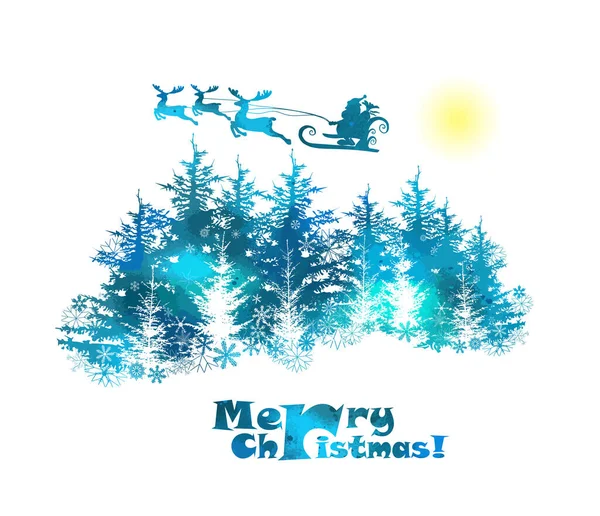 Santa Claus is flying over the forest. Merry Christmas. Vector illustration — Stock Vector