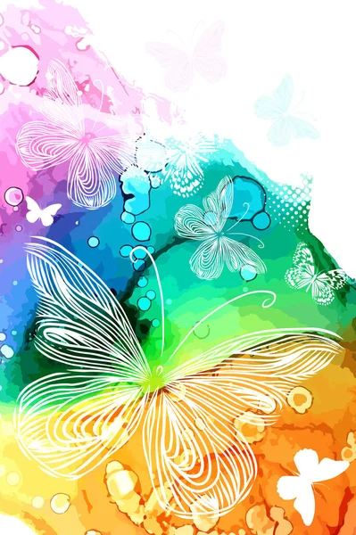 Белые бабочки на акварельном многоцветном фоне. Смешанные СМИ. Векторная иллюстрация — стоковый вектор