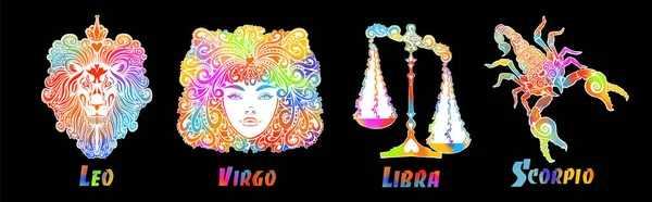 Un conjunto de signos del zodiaco. Huella de camiseta. Símbolo para el tatuaje. Medios mixtos. Objetos multicolores. Elementos de agua, tierra, fuego y aire. Ilustración vectorial — Vector de stock