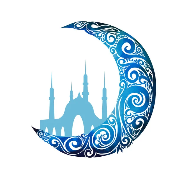 穆斯林社区斋月卡里姆在蓝色背景上装饰月牙的花卉图案 — 图库矢量图片