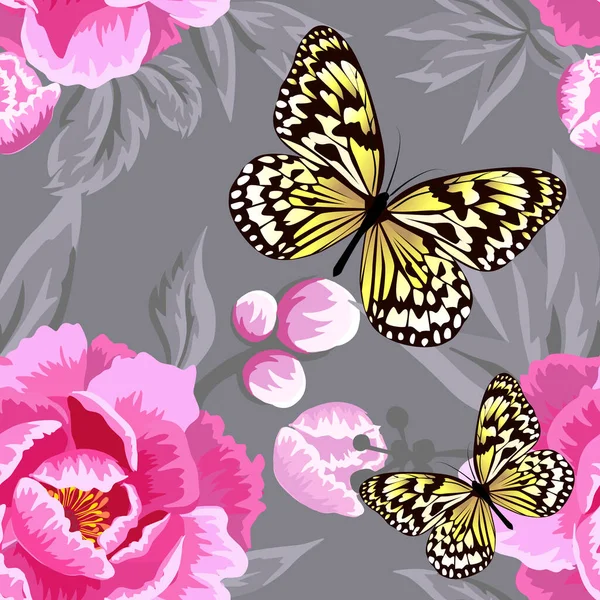 Pembe çiçekleri olan kusursuz bir arka plan. Şakayıklar kelebeklerle tomurcuklanır. Vektör illüstrasyonu