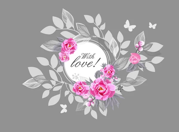 Schöner floraler Rahmen mit rosa Blüten. Mit Liebe. Vektorillustration — Stockvektor