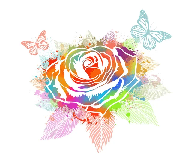 Разноцветная роза с бабочками. Отпечаток футболки. Векторная иллюстрация — стоковый вектор