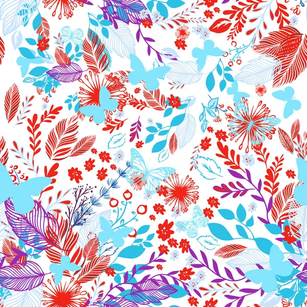 Uno sfondo senza cuciture con fiori e foglie rosse e blu. Illustrazione vettoriale — Vettoriale Stock