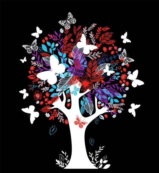 Krásný abstraktní strom z květin a motýlů. Vektorová ilustrace — Stockový vektor