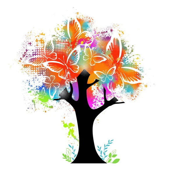 Разноцветное дерево с радужными пятнами и бабочками. Векторная иллюстрация — стоковый вектор