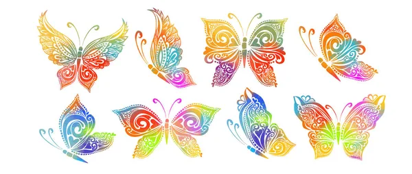 Der abstrakte Satz der Schmetterlinge ist vielfarbig. Vektorillustration — Stockvektor