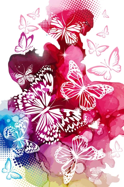 Silhouettes White Butterflies Watercolor Picturesque Background Vector Illustration — Stock Vector