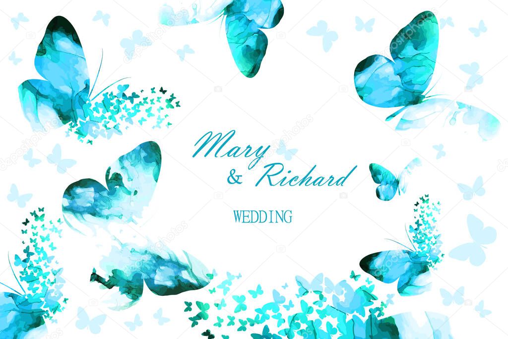 Wedding card with blue butterflies. Vector