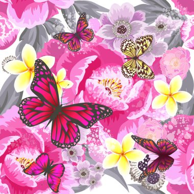 Pembe ve mavi çiçekleri olan kusursuz bir arka plan. Vektör illüstrasyonu