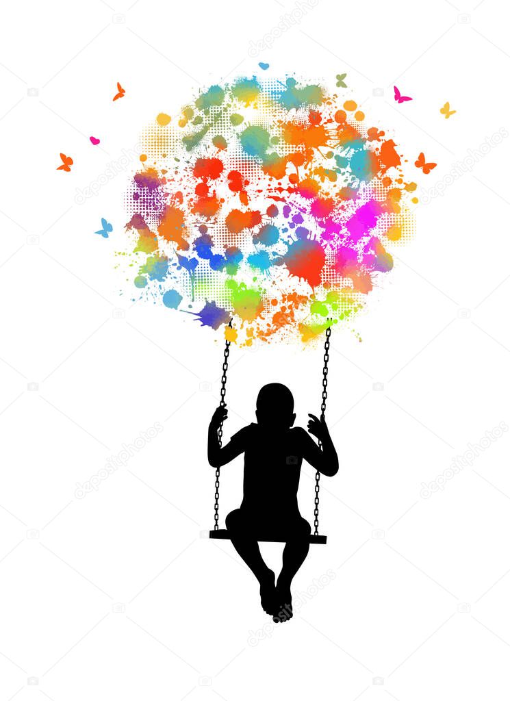Vector silhouette of a young boy on the swings.
