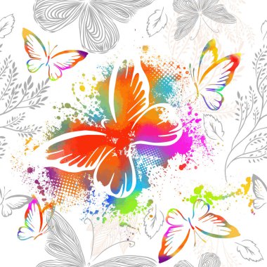 Suluboya içinde mavi uçan kelebekler. Karışık medya. Vektör