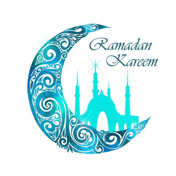 花のデザインは イスラム教徒コミュニティの聖なる月のための青の背景に三日月を飾りましたラマダーンKareem — ストックベクタ