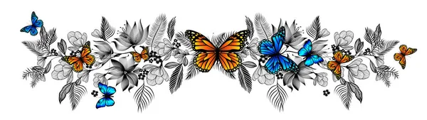 Estrazione Fiori Con Farfalle Illustrato Vettoriale — Vettoriale Stock