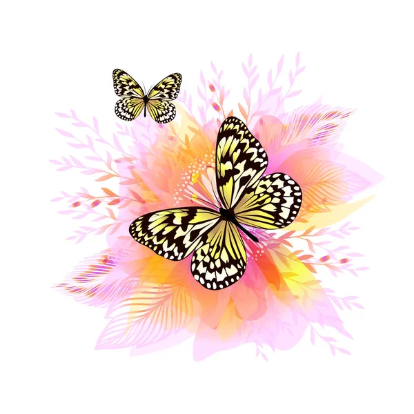 精致的粉红花朵和蝴蝶 矢量说明 — 图库矢量图片