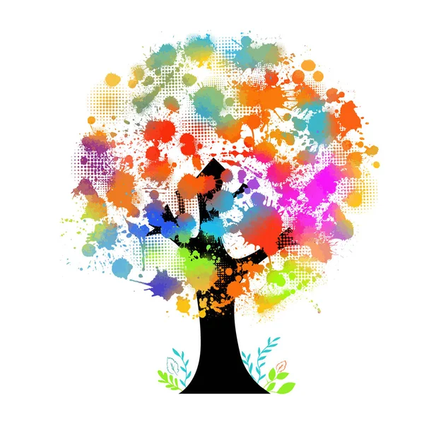 Ein Vielfarbiger Baum Mit Regenbogenblättern Und Blüten Vektorillustration — Stockvektor