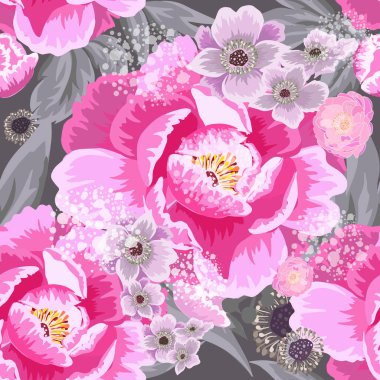 Pembe ve mavi çiçekleri olan kusursuz bir arka plan. Vektör illüstrasyonu