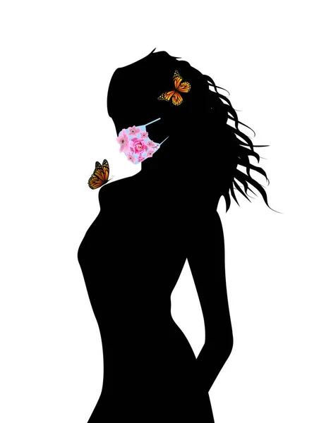 花で作られた保護マスクのかわいい女の子 コロナウイルスの動機概念 現代的なスタイルでベクトルフラットイラスト — ストックベクタ