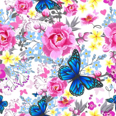 Kırmızı ve mavi çiçekleri ve yaprakları olan kusursuz bir arka plan. Vektör illüstrasyonu