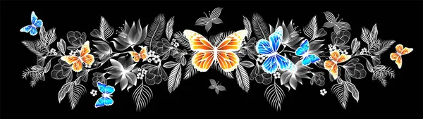 Abstracción Flores Con Mariposas Vector Ilustrado — Vector de stock