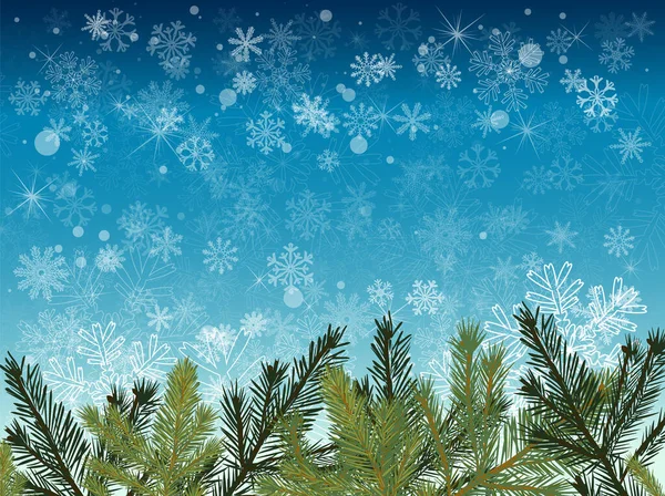 Blue background with snowflakes. Frame of spruce twigs. Merry Christmas. Vector illustration — Stock Vector
