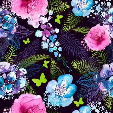 Suluboya çiçeklerinin kusursuz bir arkaplanı. Vektör illüstrasyonu