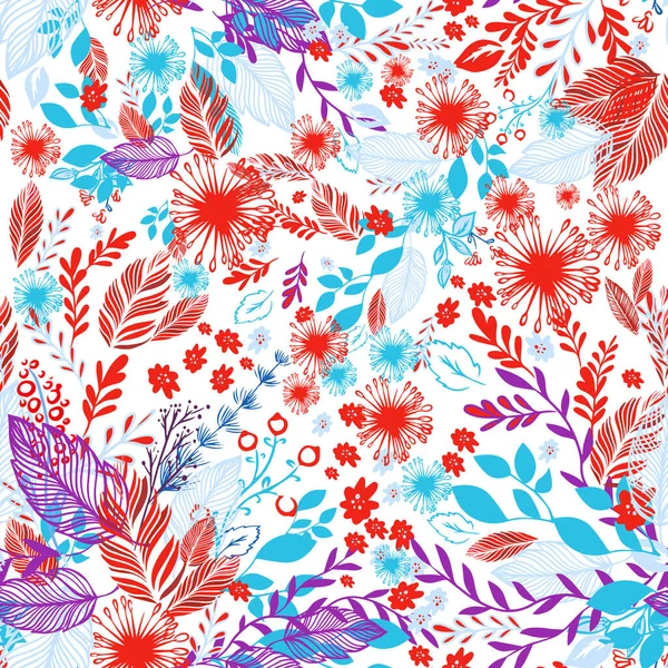 Fondo Sin Costuras Con Flores Hojas Rojas Azules Ilustración Vectorial — Vector de stock