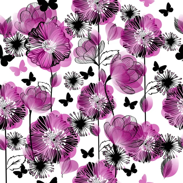 Fondo Sin Costuras Con Flores Rosadas Mariposas Ilustración Vectorial — Vector de stock
